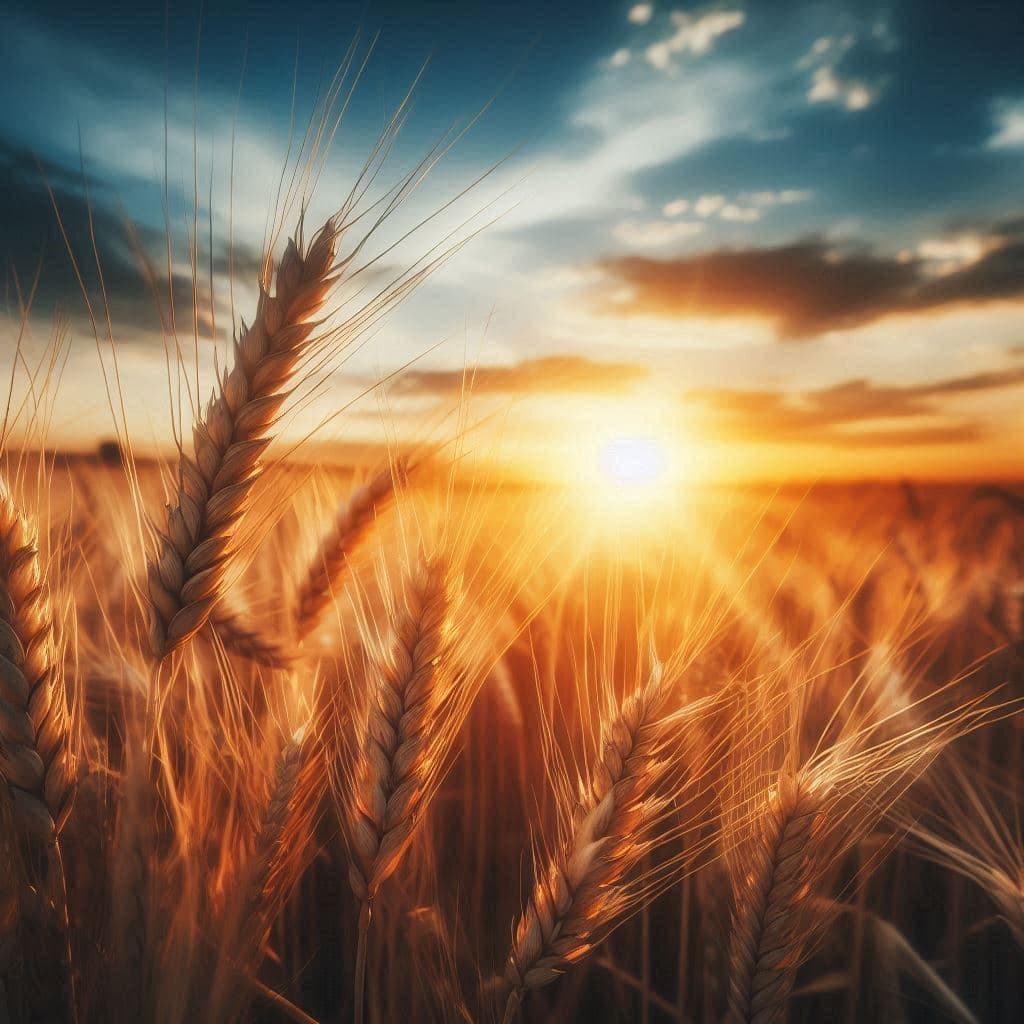 Um belo campo de trigo com o sol poente